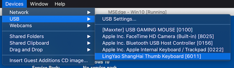 VirtualBox USB menu showing the keyboard device