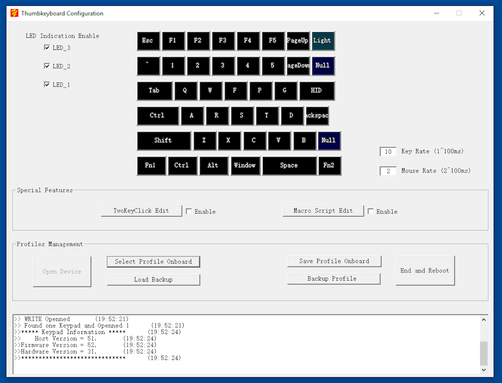 Overview of the left keyboard side in the configuration software