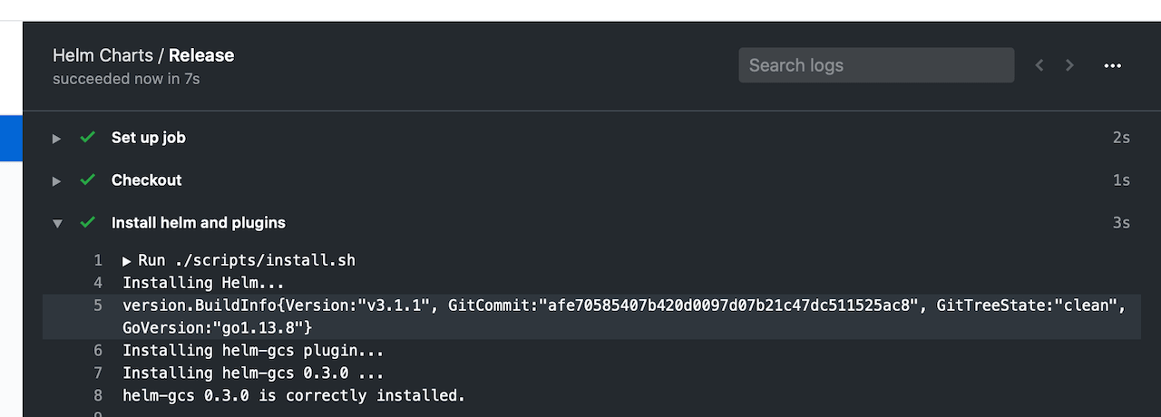 GitHub Actions showing that helm and helm-gcs have been installed successfully