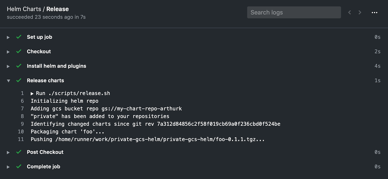 GitHub Actions showing that the chart has been successfully added to the repo