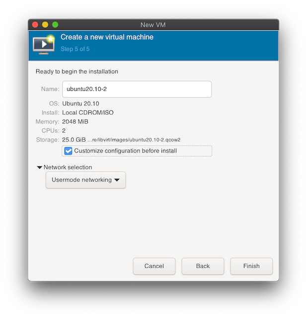 virt-manager window before creating the VM, showing the customize checkbox