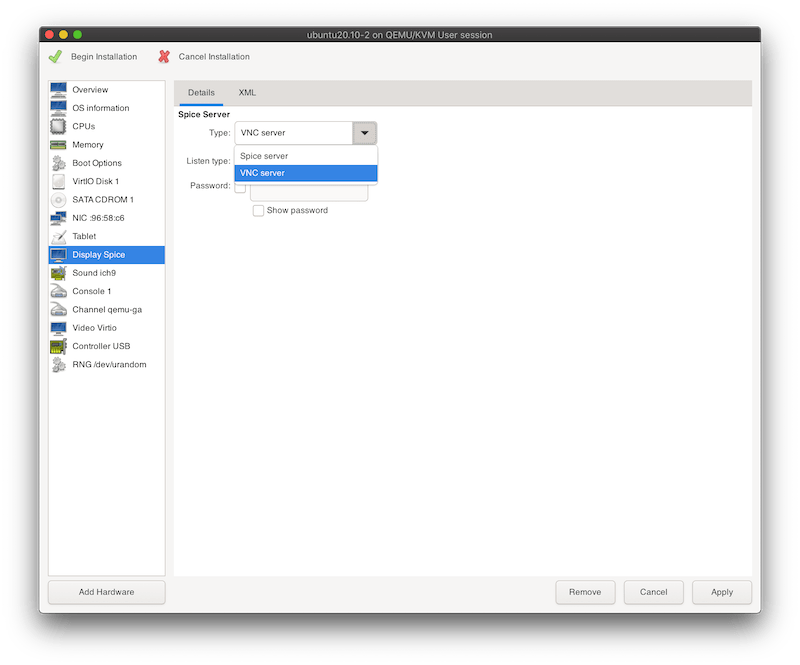 virt-manager settings showing the display section