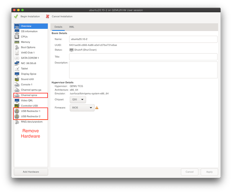 virt-manager settings with annotation about which hardware to remove