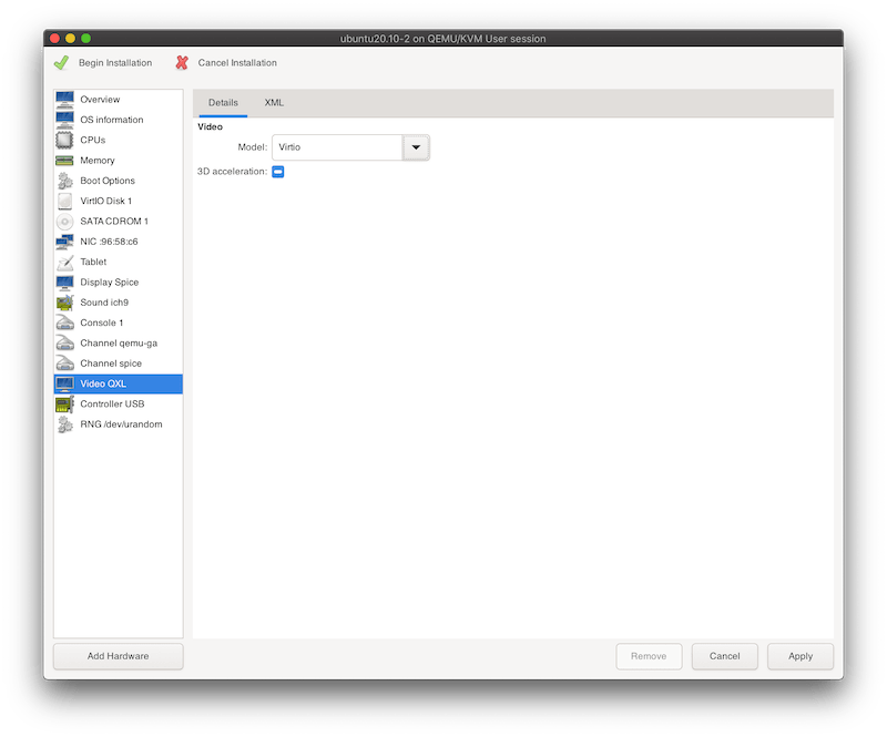 virt-manager settings showing the video section