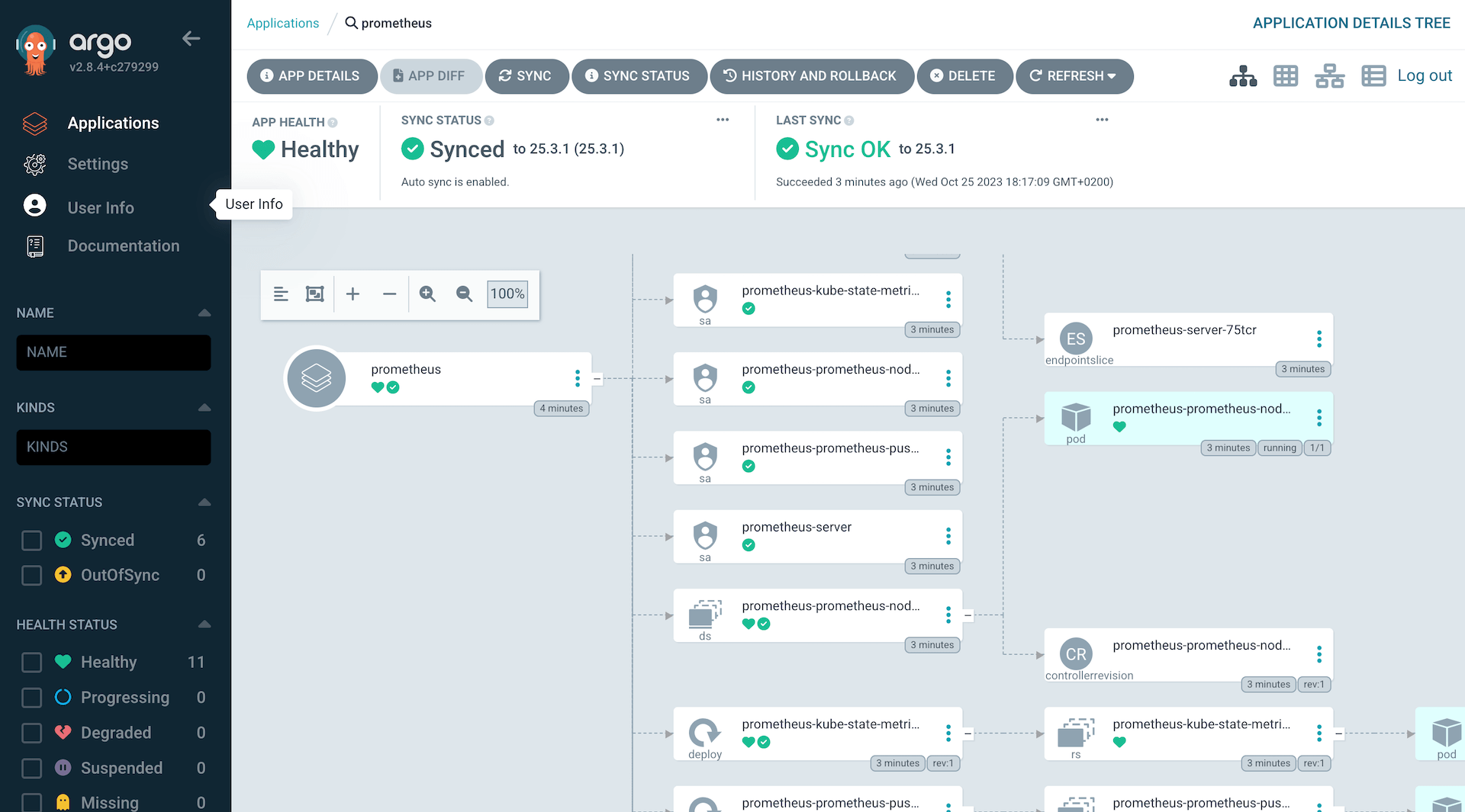 A picture of the Argo CD web UI showing the details view of an application