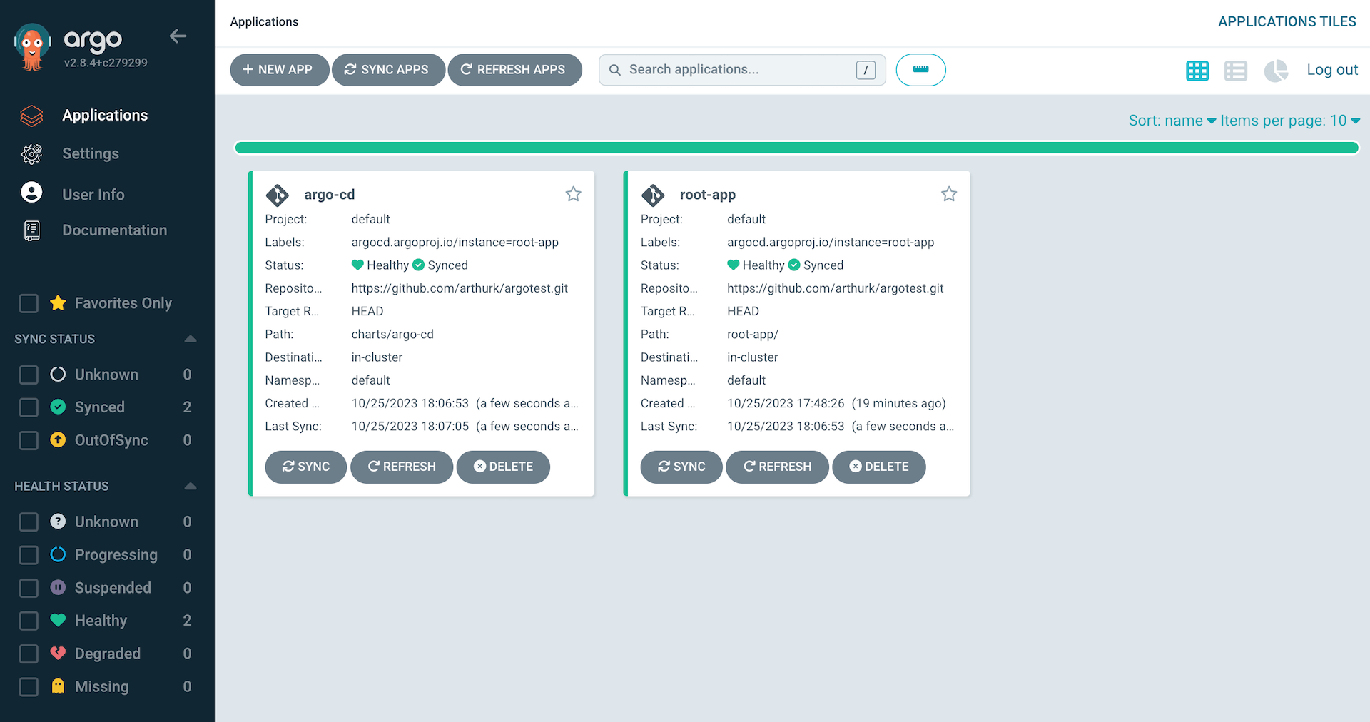 Argo CD Web UI overview after the Argo CD application has been created