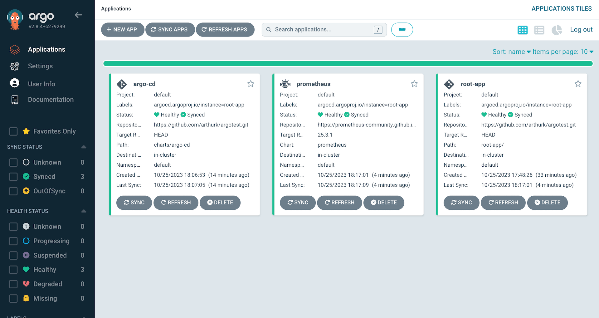 Argo CD Web UI showing application overview after the Prometheus application has been added