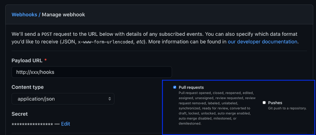 Picture of GitHub Webhook settings